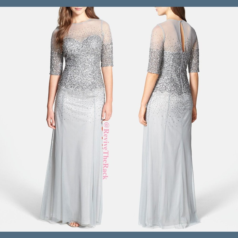 NEW Adrianna Papell Beaded Illusion Bodice Mesh Gown in Grey [Petite SZ 4P‎ ]
